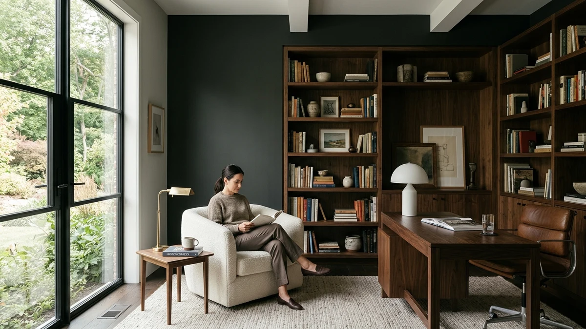 Sophisticated modern interior featuring Sherwin-Williams Iron Ore dark charcoal fireplace and Repose Gray walls