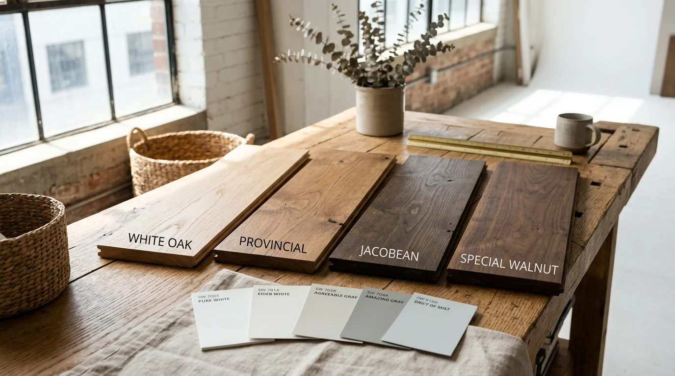 Hardwood floor planks including White Oak, Provincial, Jacobean, and Special Walnut paired with Sherwin-Williams swatches