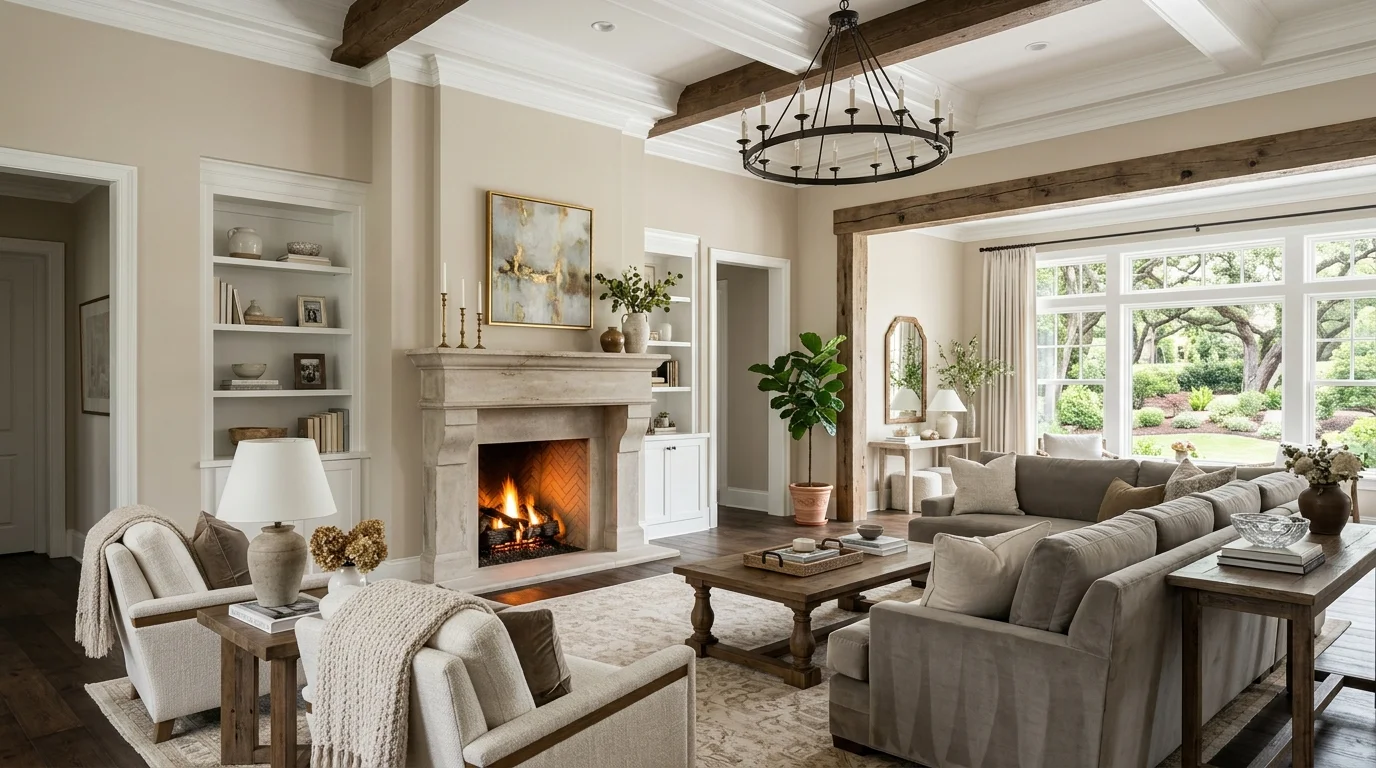 Transitional living room painted in Sherwin-Williams Accessible Beige SW 7036 with creamy trim