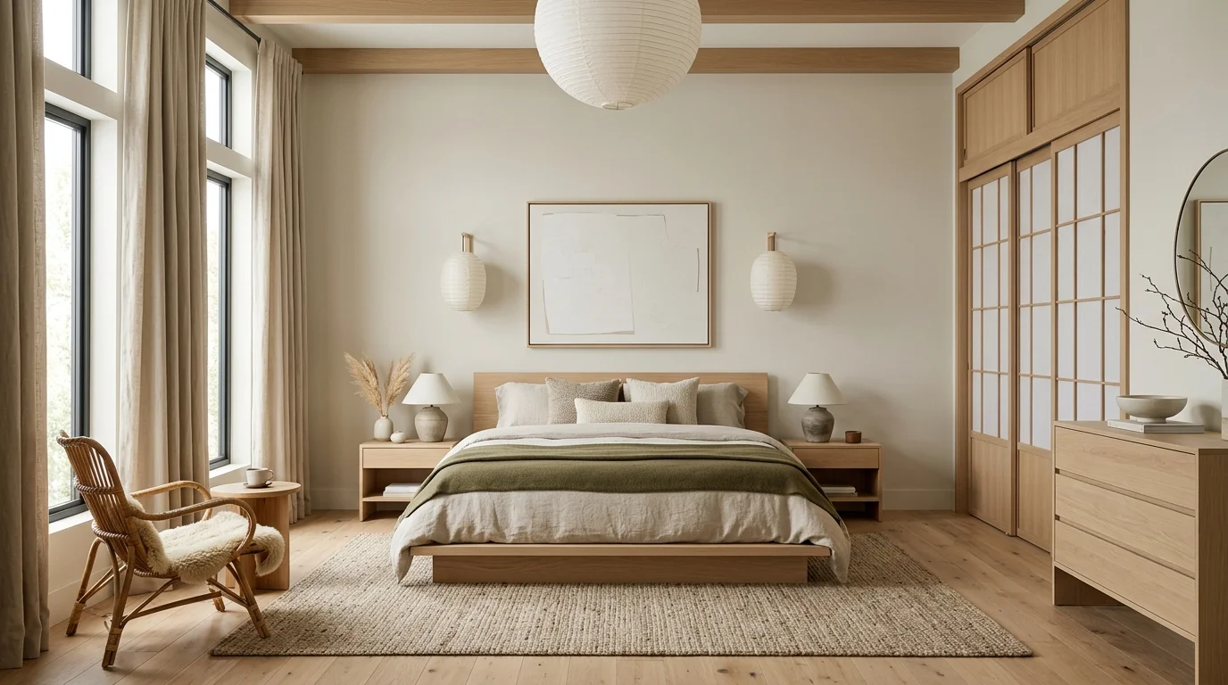 Japandi style bedroom painted in Sherwin-Williams Shoji White SW 7042 with natural wood trim