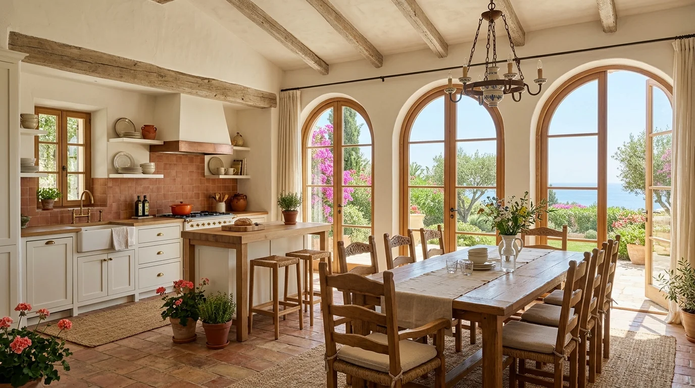 Mediterranean kitchen painted in Sherwin-Williams Greek Villa SW 7551 with High Reflective White trim