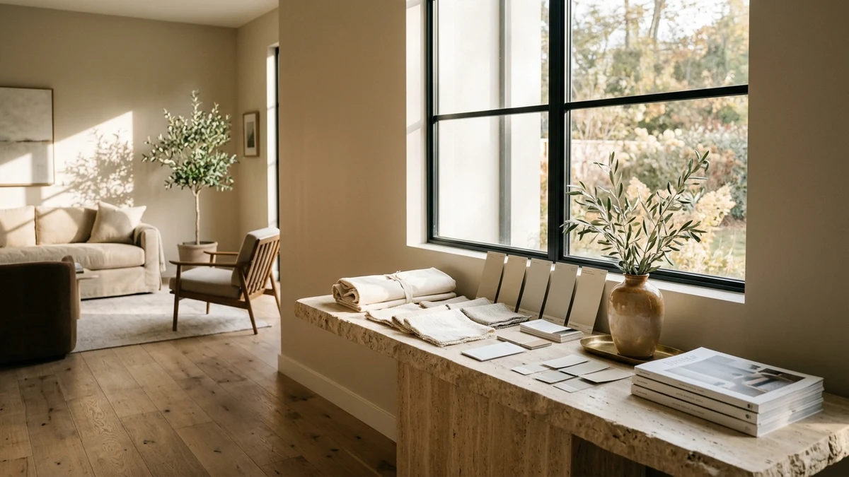 Cozy transitional living room with Sherwin-Williams Accessible Beige greige walls and light oak floors